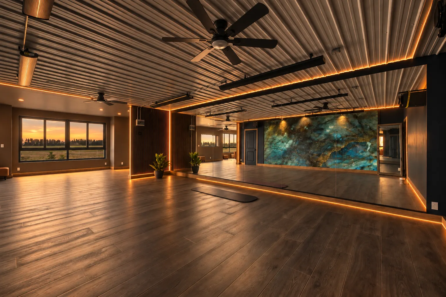 The movement studio at sunset: a wide wood floor under a slatted ceiling, a mirrored wall beside a backlit teal stone panel, and windows facing the tree line.